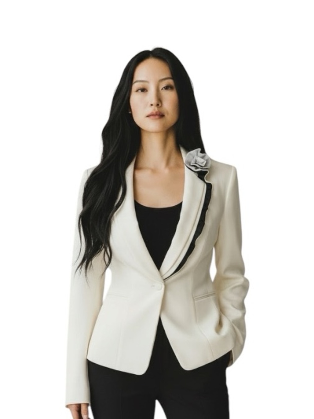 WHBM Ecru/White Rosette Women’s Tuxedo Blazer w Black Stripe, 8